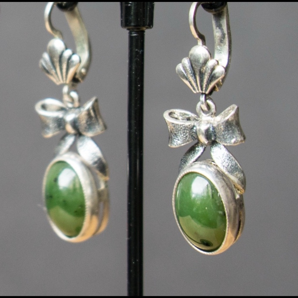 RARE Vintage USSR Jade Earrings 925 Sterling Silver Bow Drop Antique
